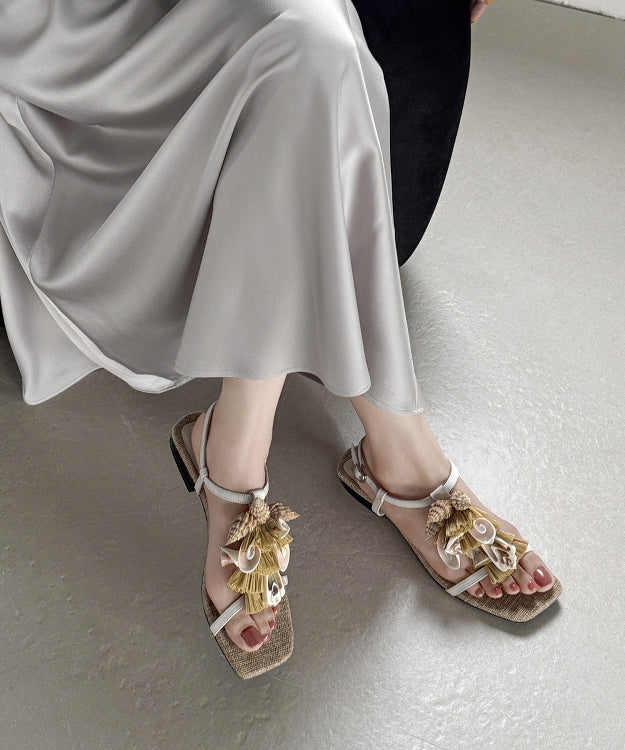Beige Sheepskin Tassel Splicing Boho Water Sandals Peep Toe