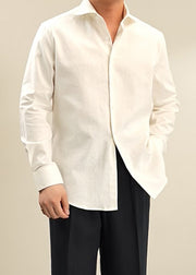 Beige Solid Cotton Shirt Men Casual Clothing Peter Pan Collar