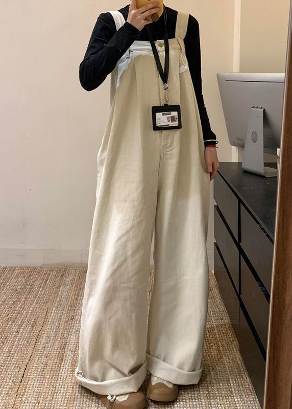 Beige Solid Denim Wide Leg Jumpsuit High Waist Summer