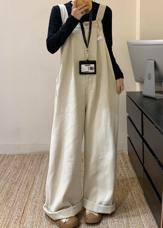 Beige Solid Denim Wide Leg Jumpsuit High Waist Summer
