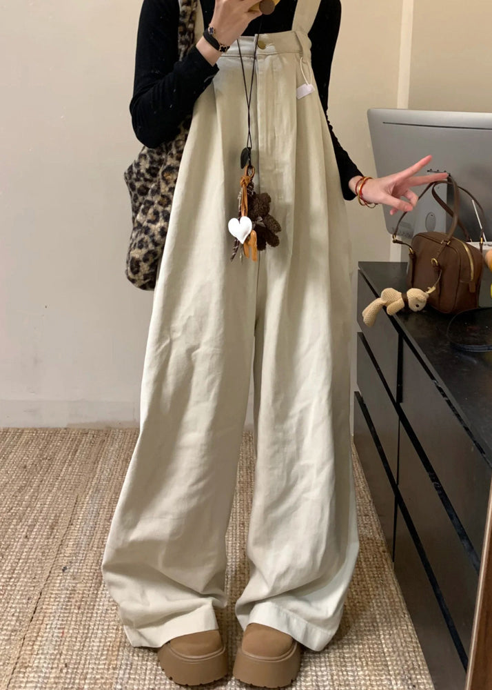 Beige Solid Denim Wide Leg Jumpsuit High Waist Summer