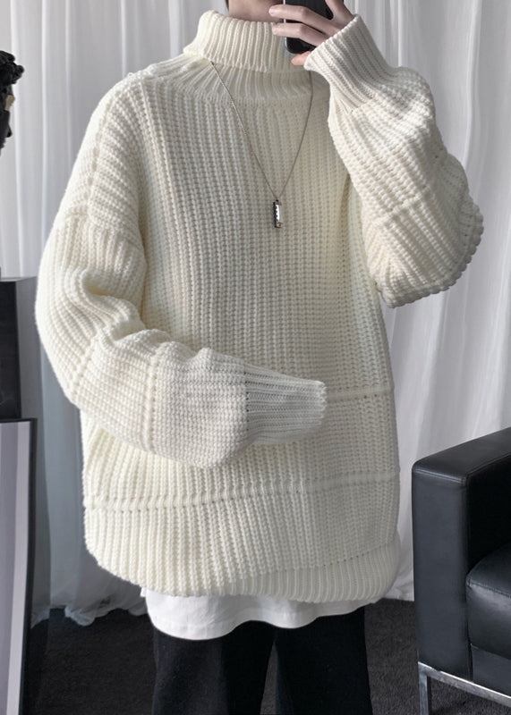 Beige Solid Oversized Cotton Knit Winter Mens Shirts Turtleneck