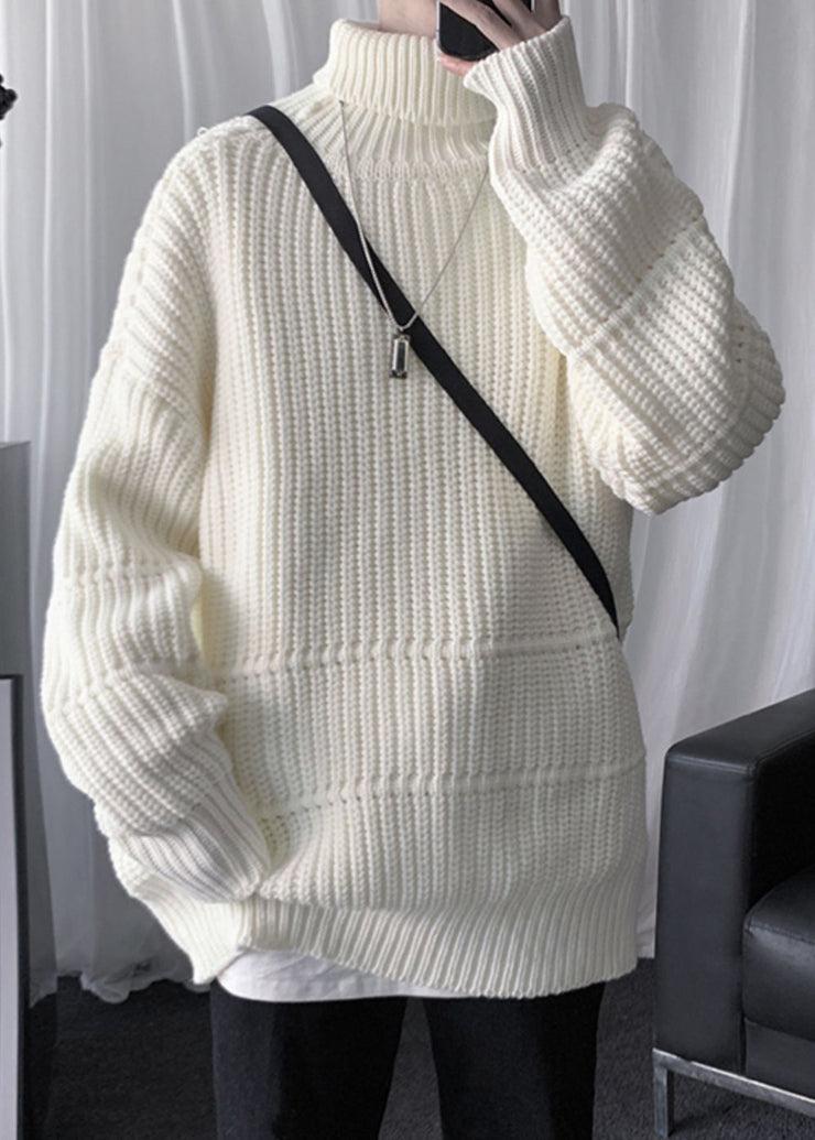 Beige Solid Oversized Cotton Knit Winter Mens Shirts Turtleneck