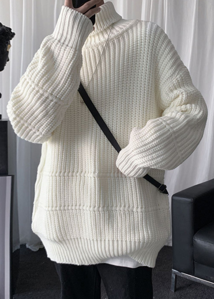 Beige Solid Oversized Cotton Knit Winter Mens Shirts Turtleneck