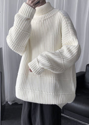Beige Solid Oversized Cotton Knit Winter Mens Shirts Turtleneck