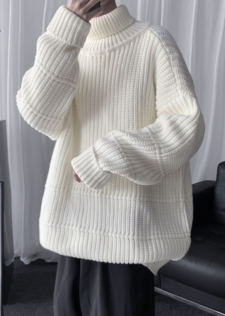 Beige Solid Oversized Cotton Knit Winter Mens Shirts Turtleneck