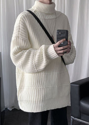 Beige Solid Oversized Cotton Knit Winter Mens Shirts Turtleneck