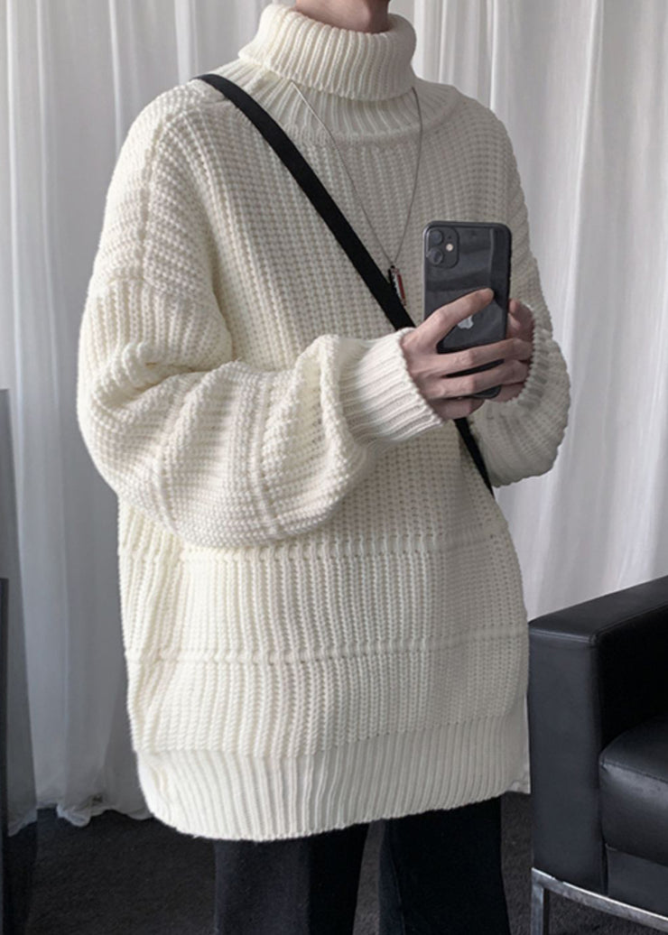 Beige Solid Oversized Cotton Knit Winter Mens Shirts Turtleneck