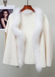 Beige Solid Patchwork Woolen Winter Coat Fox Collar