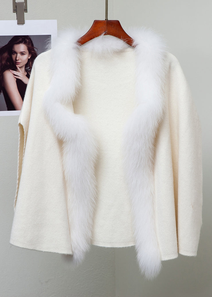 Beige Solid Patchwork Woolen Winter Coat Fox Collar
