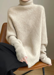 Beige Solid Woolen Knit Batwing Sleeve Sweaters Turtleneck