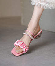 Beige Splicing Chunky Satin Slide Sandals Nail Bead Peep Toe