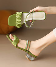 Beige Splicing Chunky Satin Slide Sandals Nail Bead Peep Toe