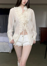Beige Tie Waist Solid Top Ruffled Long Sleeve