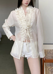 Beige Tie Waist Solid Top Ruffled Long Sleeve