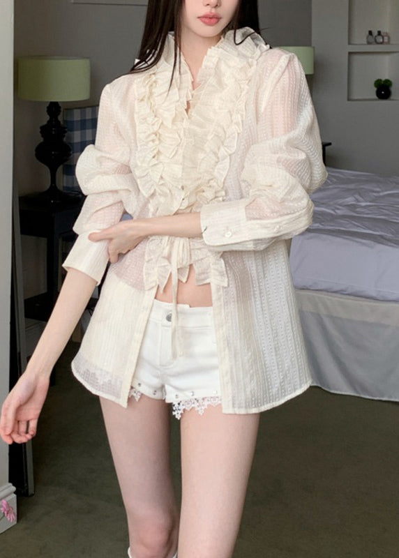Beige Tie Waist Solid Top Ruffled Long Sleeve