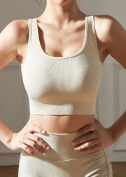 Beige U Neck Backless Solid Sports Bra