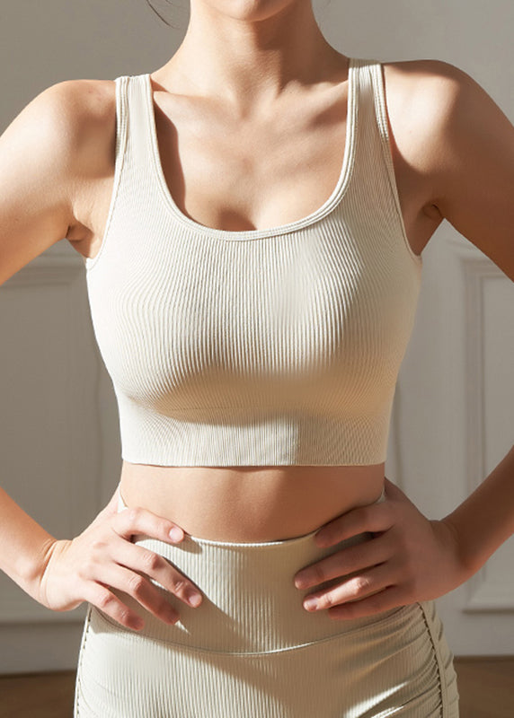 Beige U Neck Backless Solid Sports Bra