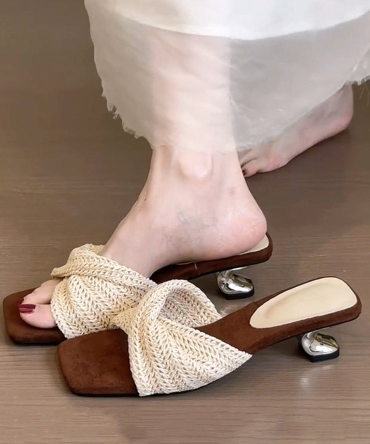 Beige Wedge Faux Leather Fitted Splicing Slide Sandals