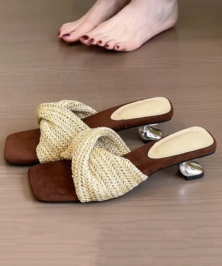 Beige Wedge Faux Leather Fitted Splicing Slide Sandals