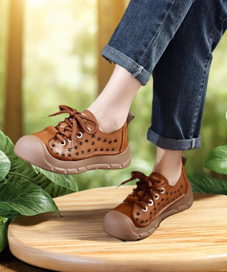 Beige Women Hollow Out Lace Up Splicing Platform Flat Feet Shoes