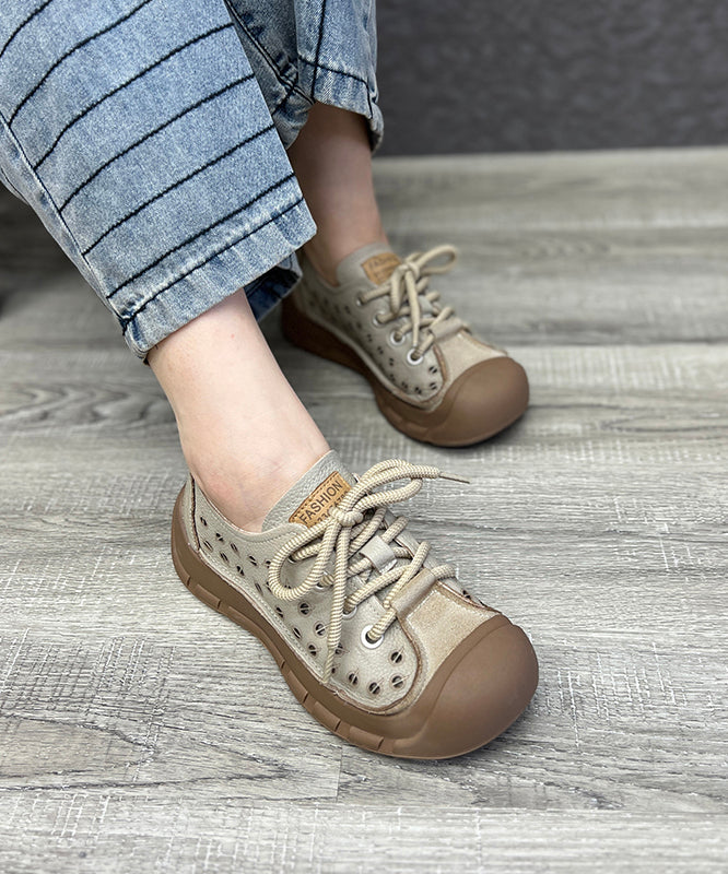 Beige Women Hollow Out Lace Up Splicing Platform Flat Feet Shoes