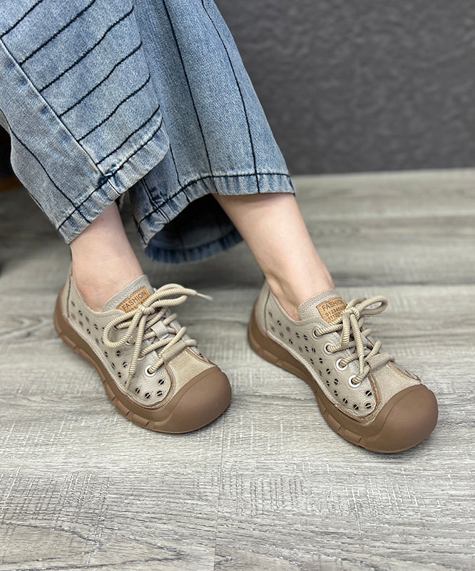 Beige Women Hollow Out Lace Up Splicing Platform Flat Feet Shoes