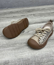 Beige Women Hollow Out Lace Up Splicing Platform Flat Feet Shoes