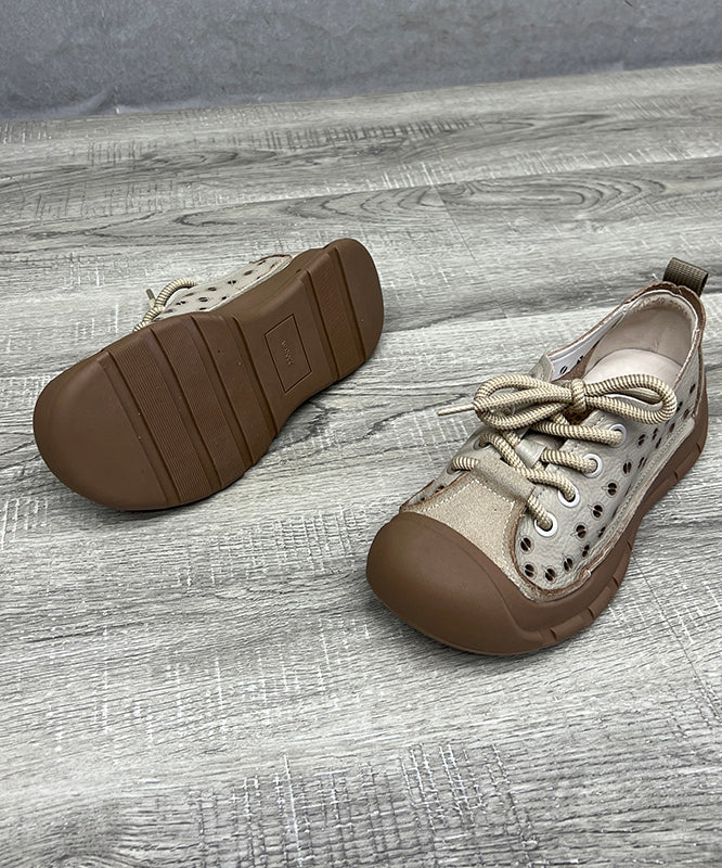 Beige Women Hollow Out Lace Up Splicing Platform Flat Feet Shoes