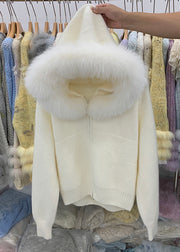 Beige Zippered Cozy Knit Winter Coats Fox Collar