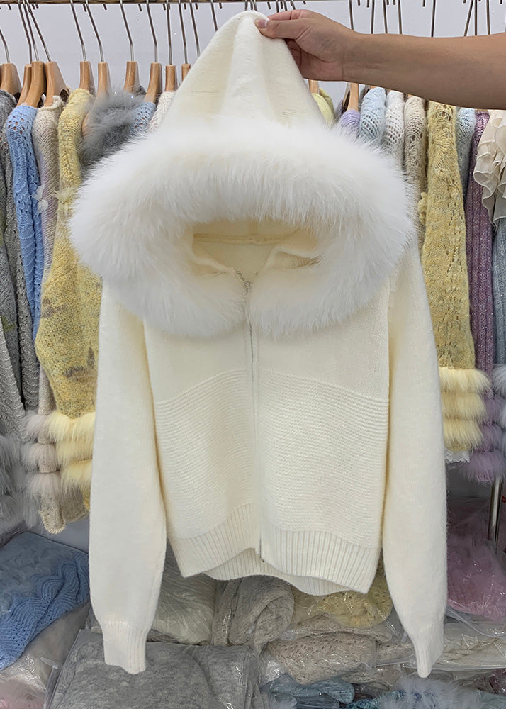 Beige Zippered Cozy Knit Winter Coats Fox Collar