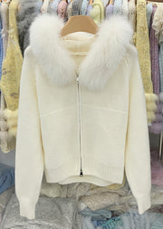 Beige Zippered Cozy Knit Winter Coats Fox Collar