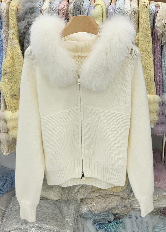 Beige Zippered Cozy Knit Winter Coats Fox Collar