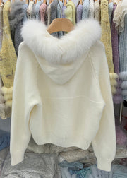 Beige Zippered Cozy Knit Winter Coats Fox Collar