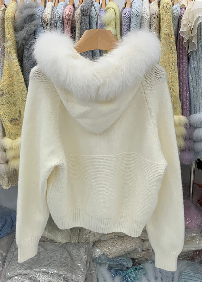 Beige Zippered Cozy Knit Winter Coats Fox Collar