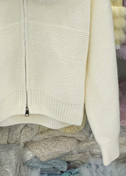 Beige Zippered Cozy Knit Winter Coats Fox Collar