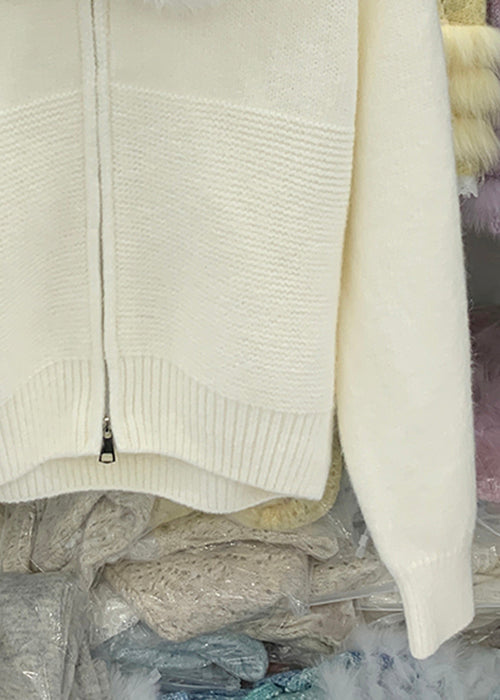 Beige Zippered Cozy Knit Winter Coats Fox Collar