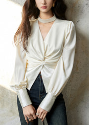 Beige Zippered Wrinkled Silk Fall Shirts V Neck