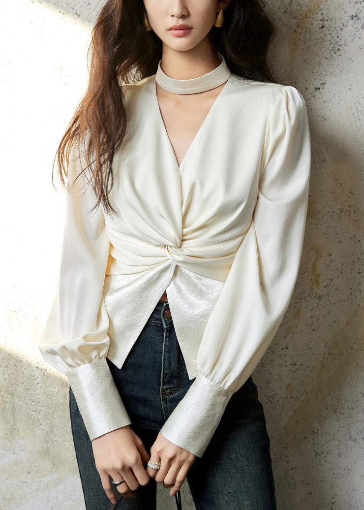 Beige Zippered Wrinkled Silk Fall Shirts V Neck