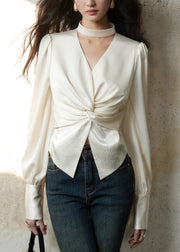 Beige Zippered Wrinkled Silk Fall Shirts V Neck