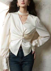 Beige Zippered Wrinkled Silk Fall Shirts V Neck