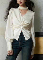Beige Zippered Wrinkled Silk Fall Shirts V Neck