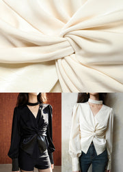 Beige Zippered Wrinkled Silk Fall Shirts V Neck
