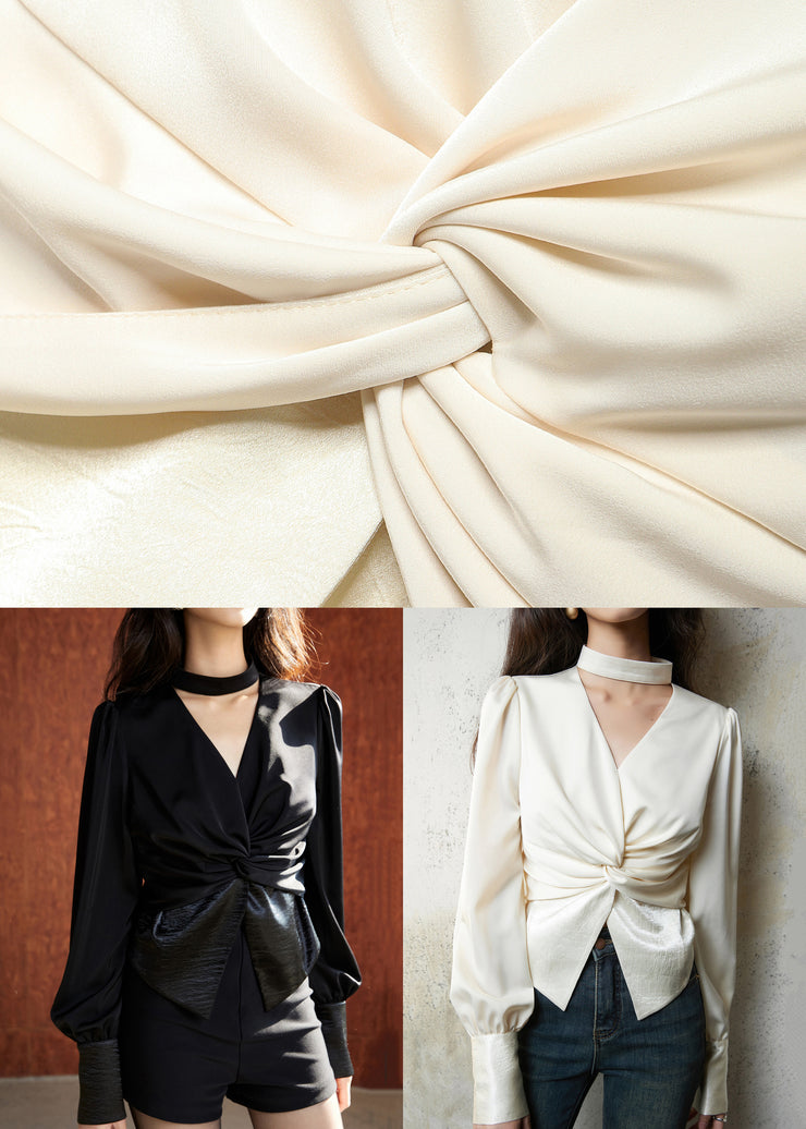 Beige Zippered Wrinkled Silk Fall Shirts V Neck