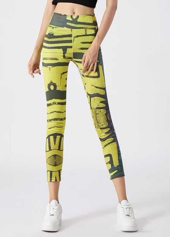 Best Yellow Print High Waist Capri Running Leggings