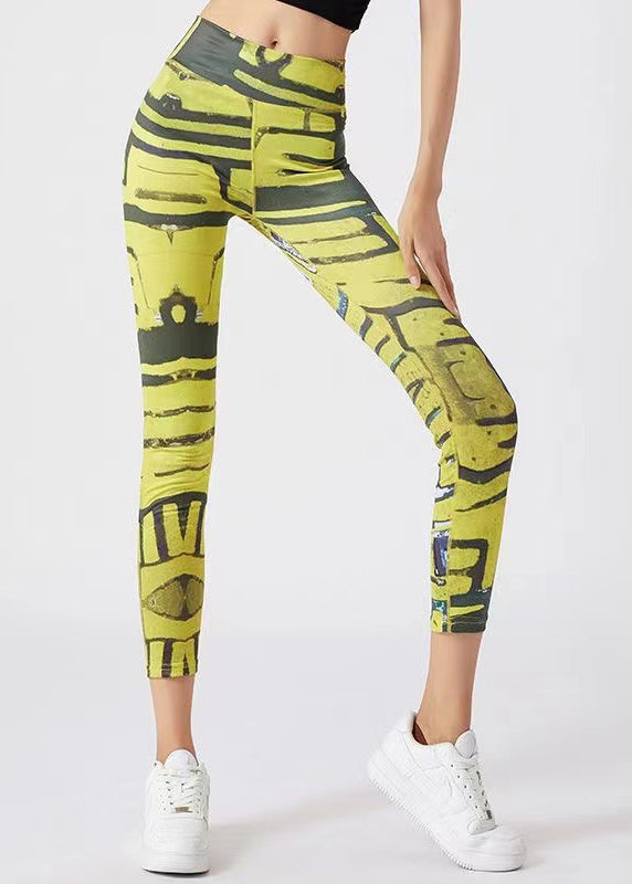 Best Yellow Print High Waist Capri Running Leggings