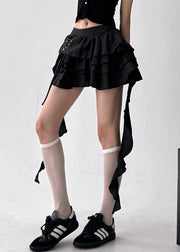 Black Asymmetrical Lace Up Cotton Skirts High Waist