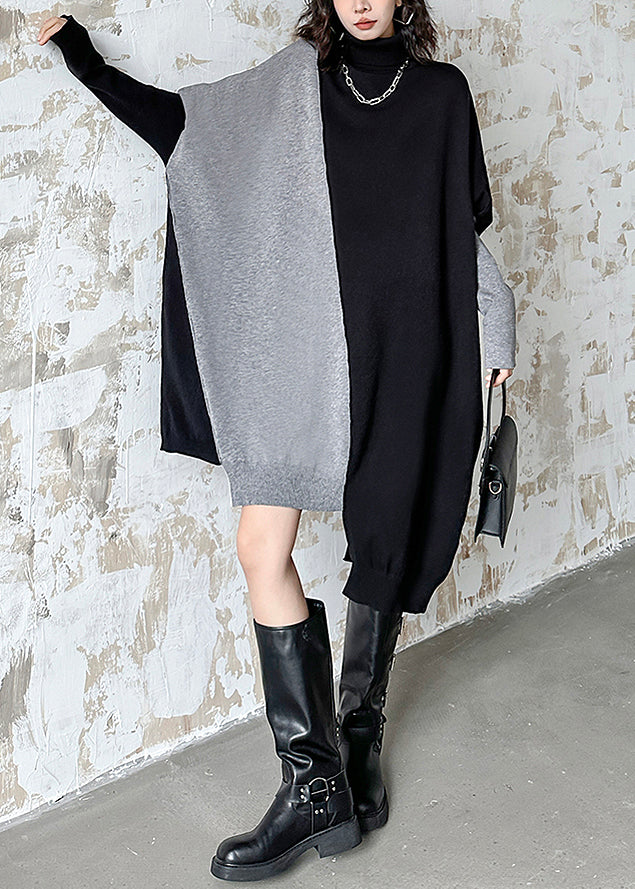 Black Asymmetrical Patchwork Knit Sweater Dress Turtleneck Winter