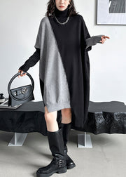 Black Asymmetrical Patchwork Knit Sweater Dress Turtleneck Winter