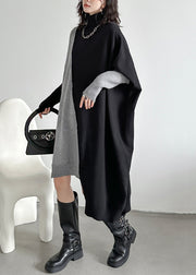 Black Asymmetrical Patchwork Knit Sweater Dress Turtleneck Winter